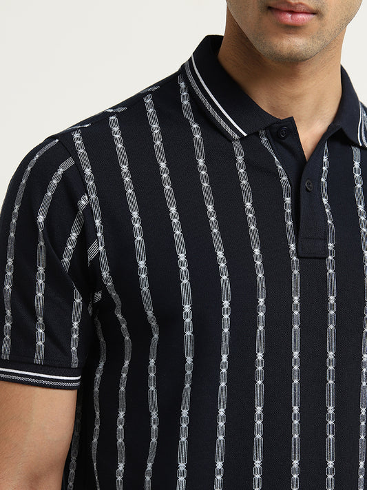 WES Casuals Navy Striped Slim-Fit Polo T-Shirt