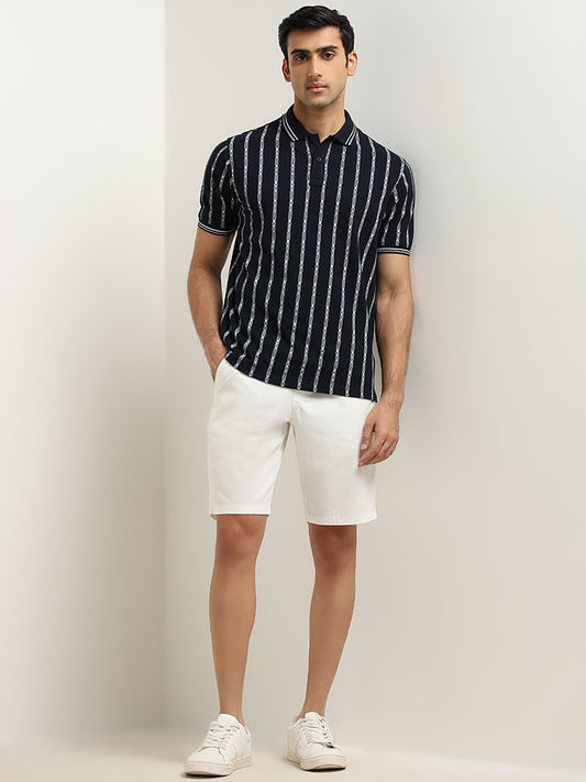 WES Casuals Navy Striped Slim-Fit Polo T-Shirt