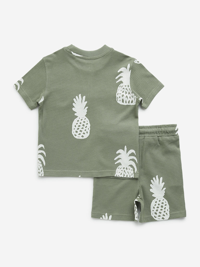 HOP Kids Olive Pineapple Print Cotton T-Shirt and Mid-Rise Shorts Set