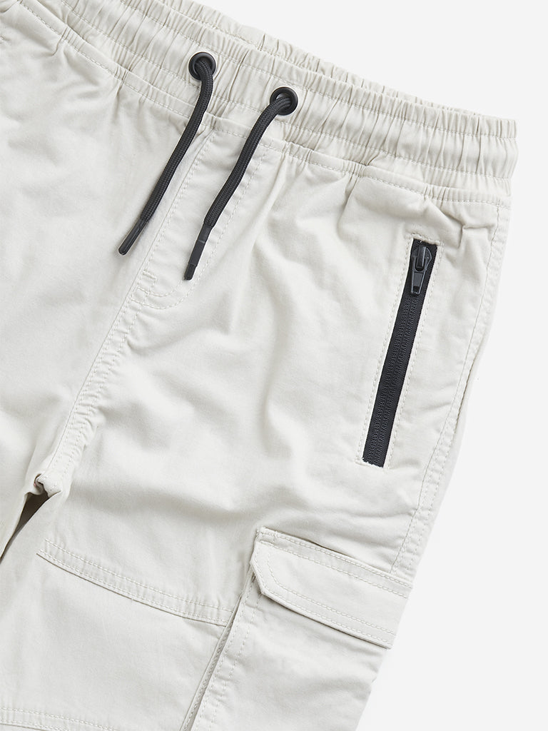 HOP Kids Off-White Cargo-Style Mid-Rise Cotton Blend Joggers