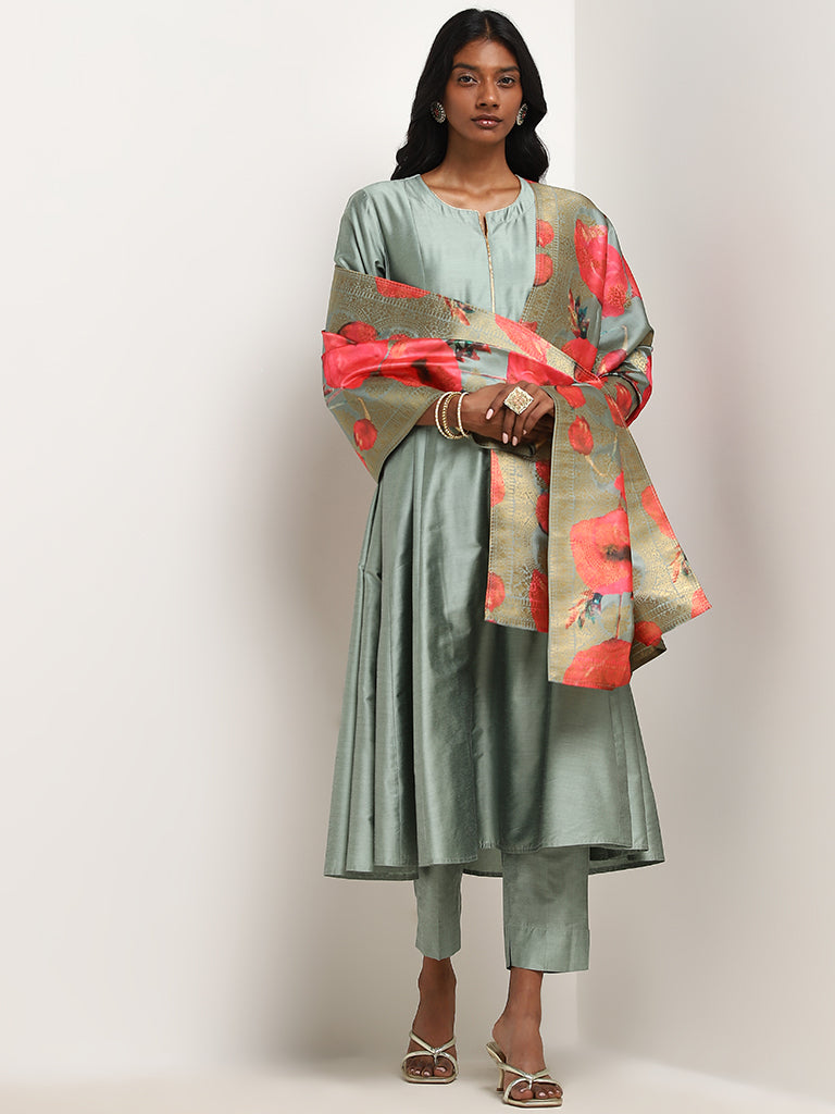 Vark Sage Floral Printed A-Line Kurta, Pants & Dupatta Set