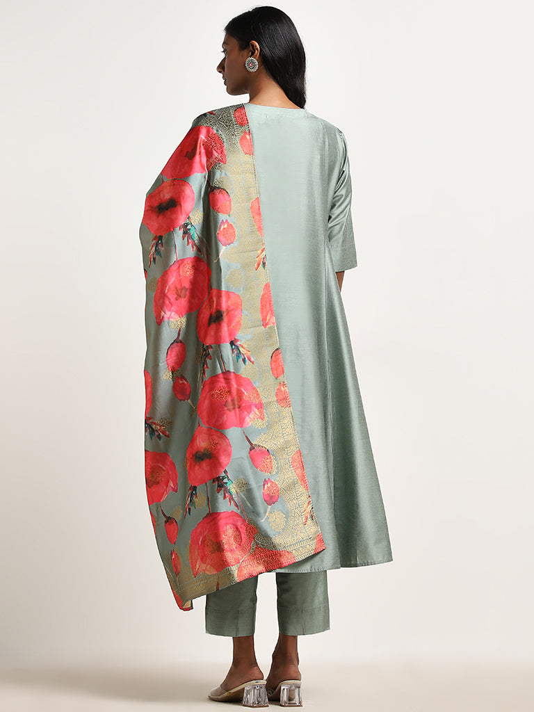 Vark Sage Floral Printed A-Line Kurta, Pants & Dupatta Set