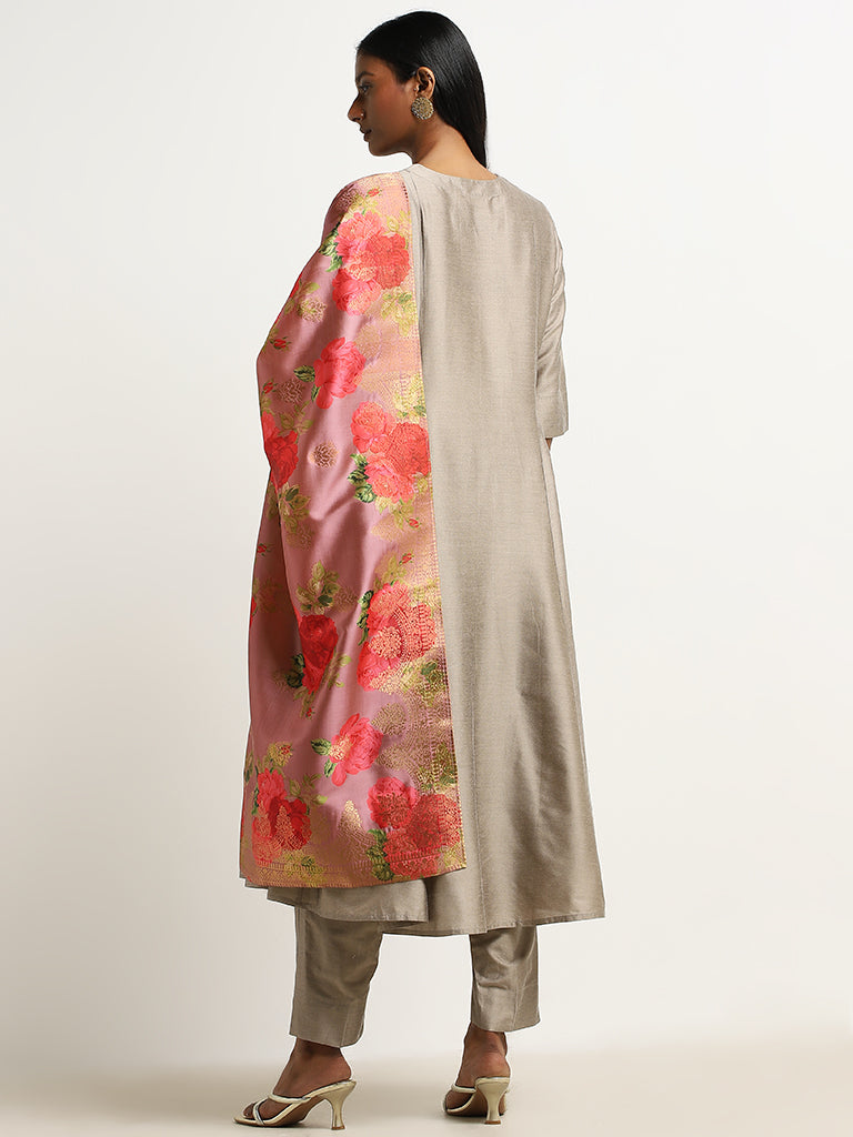 Vark Grey Floral A-Line Kurta, Pants & Dupatta Set