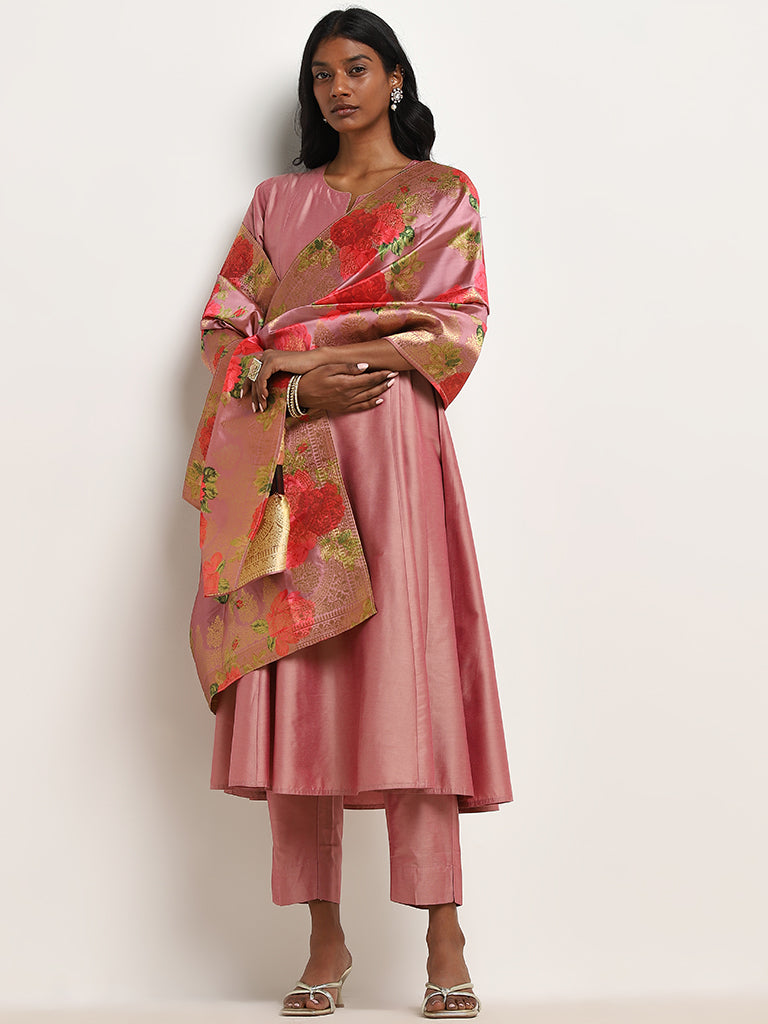 Vark Peach Floral Printed A-Line Kurta, Pants & Dupatta Set