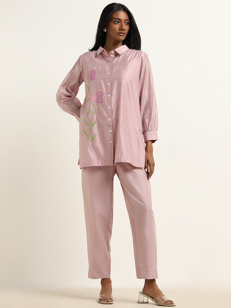 Vark Light Pink Floral Embroidered Straight Tunic & Ethnic Pants Set