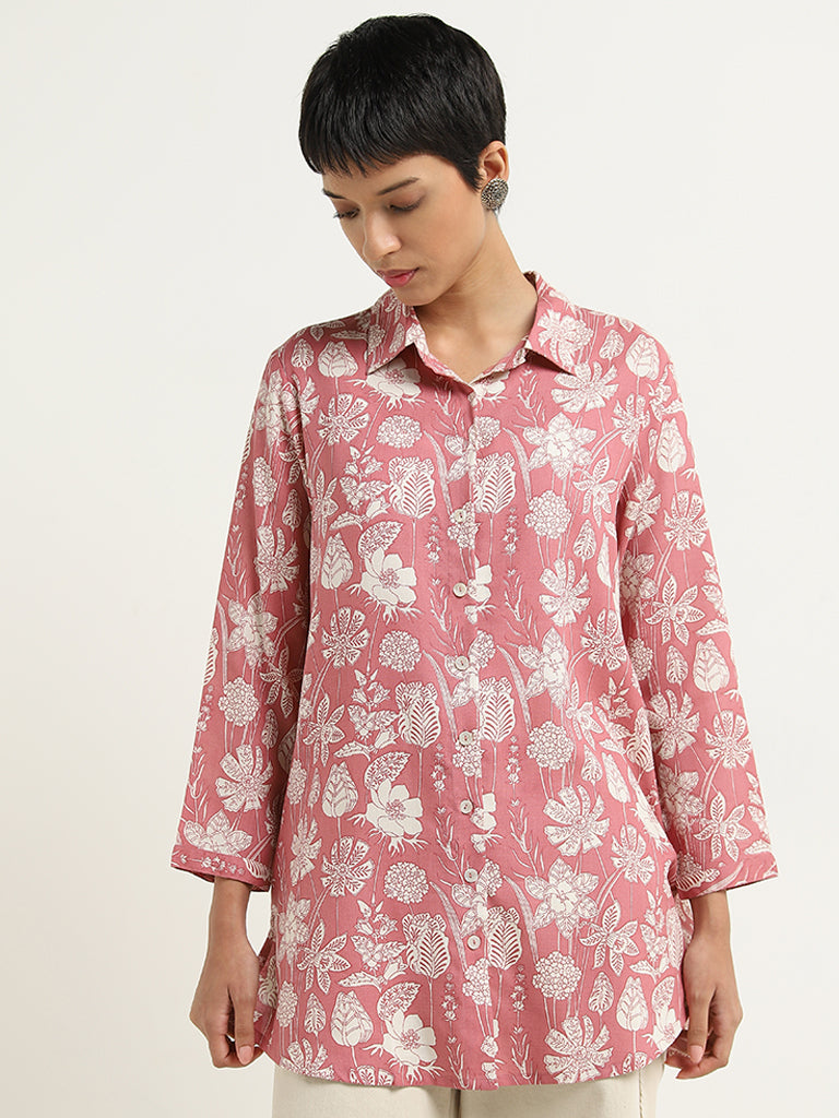 Utsa Light Red Floral Design Straight Tunic