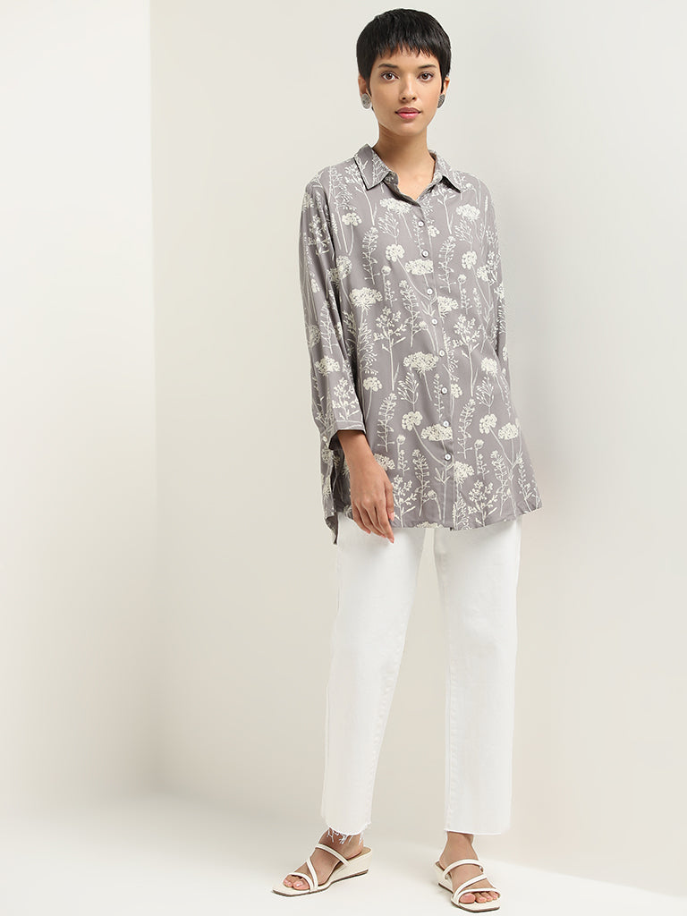 Utsa Grey Floral Printed Straight Tunic