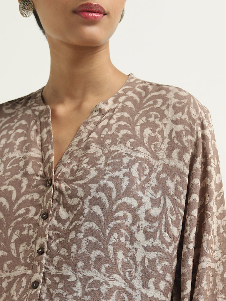 Utsa Light Brown Leaf Printed Straight Kurti