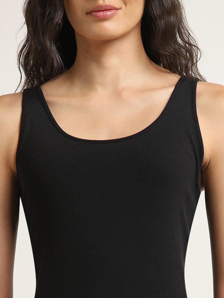 Wunderlove Black Ribbed Textured Cotton-Blend Camisole