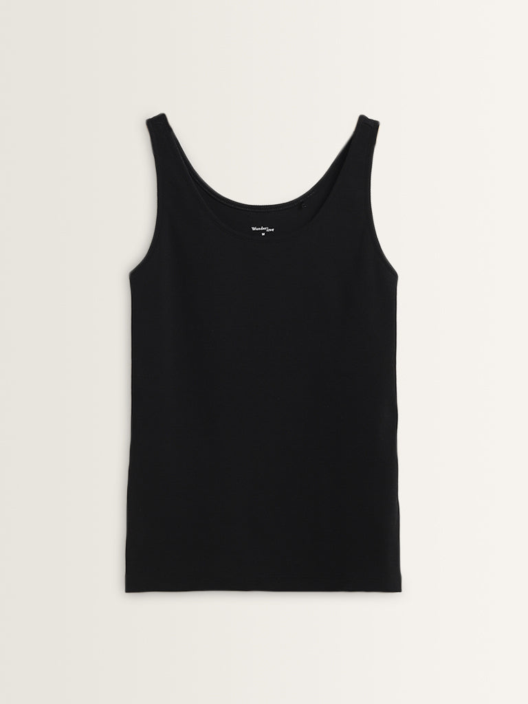 Wunderlove Black Ribbed Textured Cotton-Blend Camisole