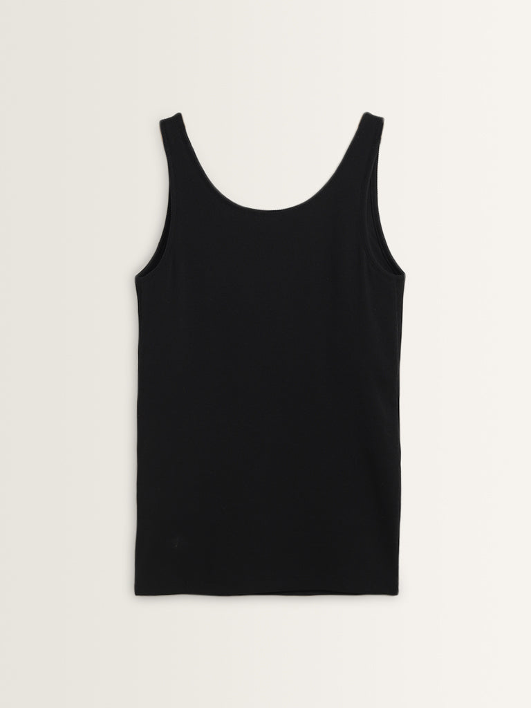 Wunderlove Black Ribbed Textured Cotton Blend Camisole