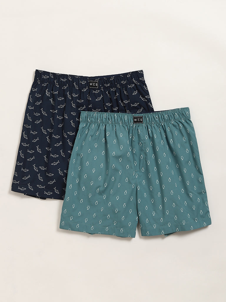 WES Lounge Teal & Navy Printed Boxers - Pack of 2