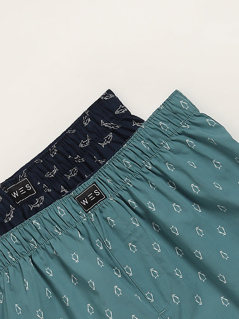 WES Lounge Teal & Navy Printed Boxers - Pack of 2