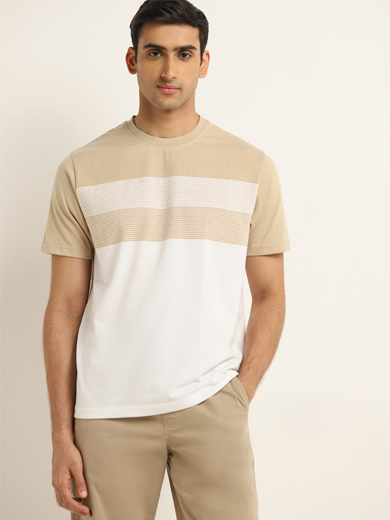 WES Lounge Beige Colour-Blocked Relaxed-Fit Cotton-Blend T-Shirt