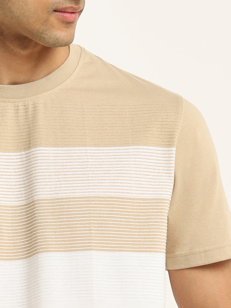 WES Lounge Beige Colour-Blocked Relaxed-Fit Cotton-Blend T-Shirt