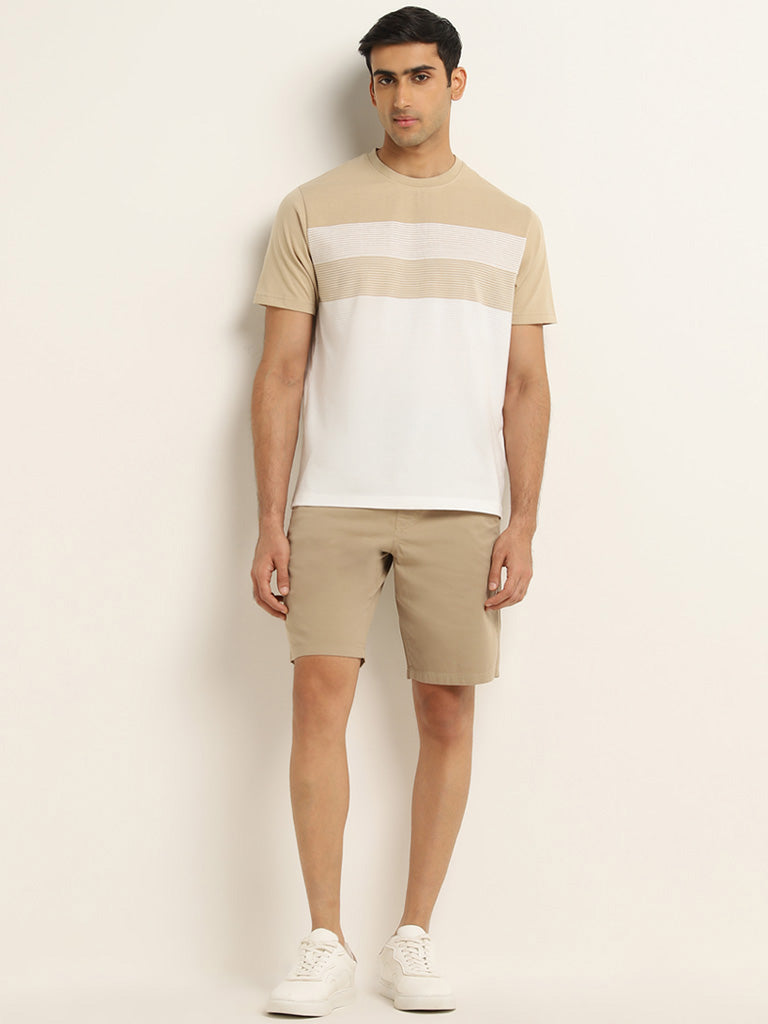 WES Lounge Beige Colour-Blocked Relaxed-Fit Cotton-Blend T-Shirt