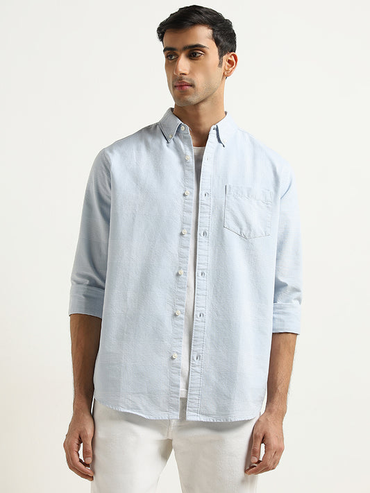 WES Casuals Light Blue Checkered Relaxed-Fit Cotton Shirt