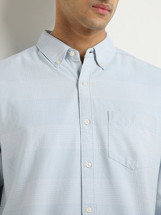 WES Casuals Light Blue Checkered Relaxed-Fit Cotton Shirt