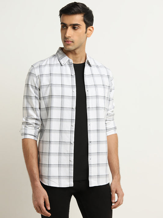 WES Casuals White & Black Checkered Slim-Fit Cotton Shirt