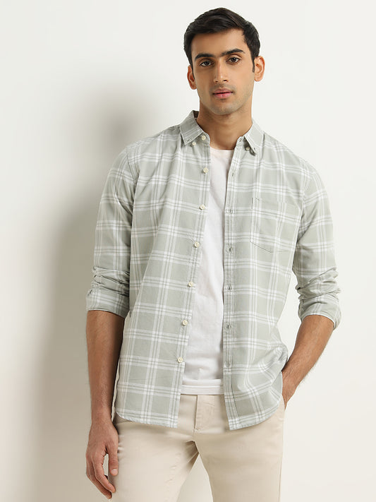 WES Casuals Light Sage Checkered Slim-Fit Cotton Shirt