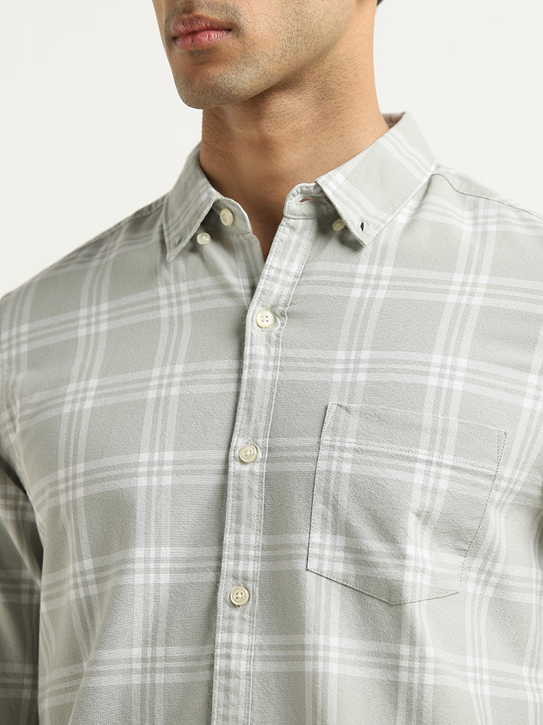 WES Casuals Light Sage Checkered Slim-Fit Cotton Shirt