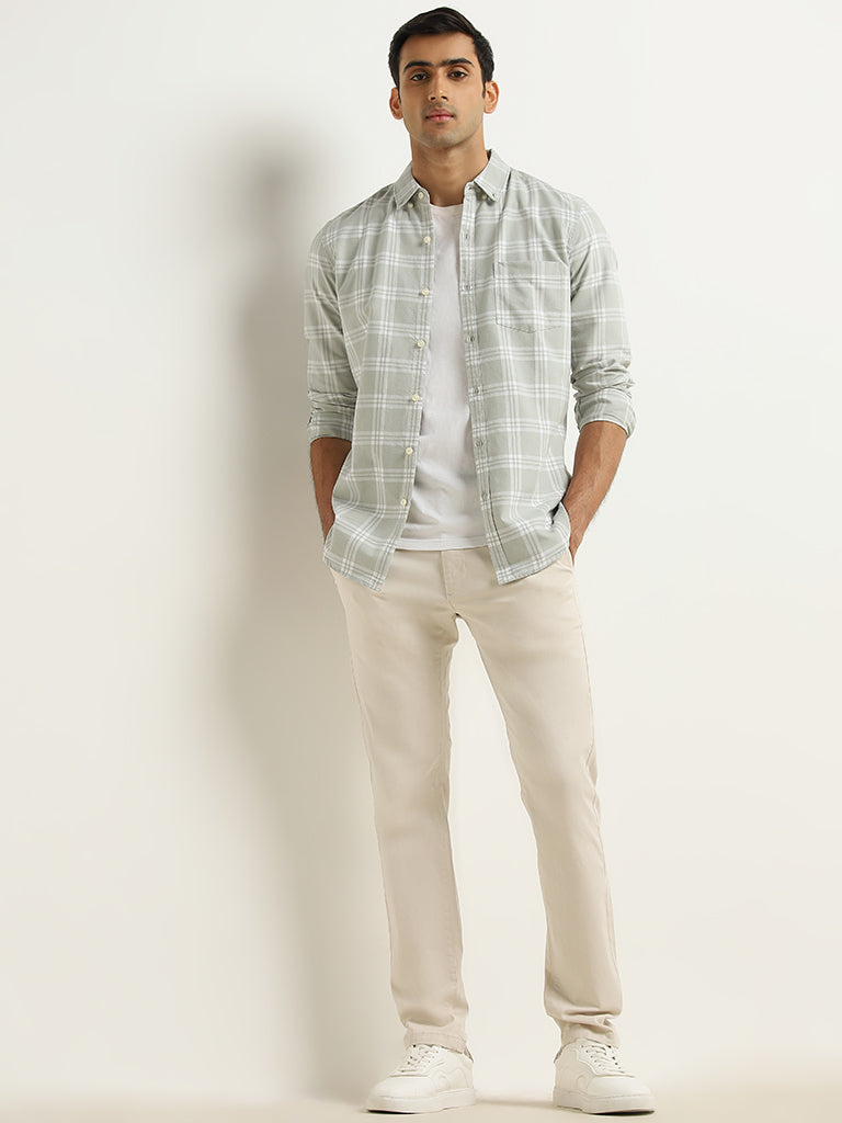 WES Casuals Light Sage Checkered Slim-Fit Cotton Shirt