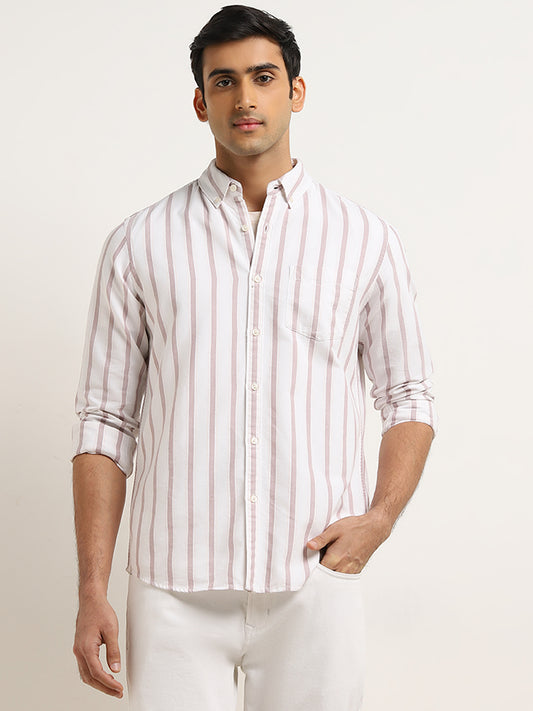 WES Casuals Dusty Pink Striped Design Slim-Fit Cotton Shirt