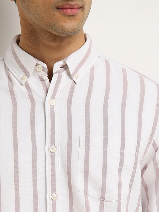 WES Casuals Dusty Pink Striped Design Slim-Fit Cotton Shirt