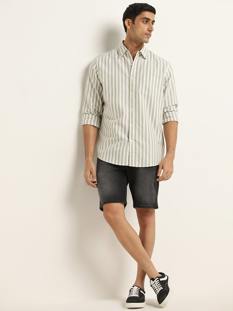 WES Casuals Sage Stripe Printed Relaxed-Fit Cotton Shirt