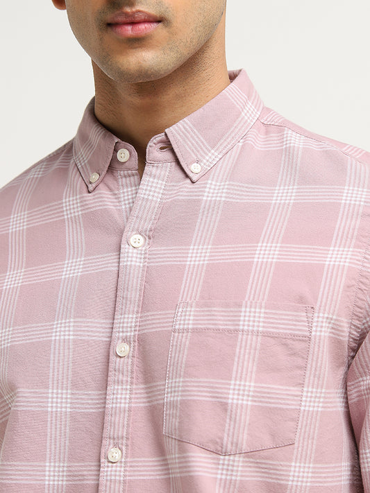 WES Casuals Pink Checkered Design Slim-Fit Cotton Shirt