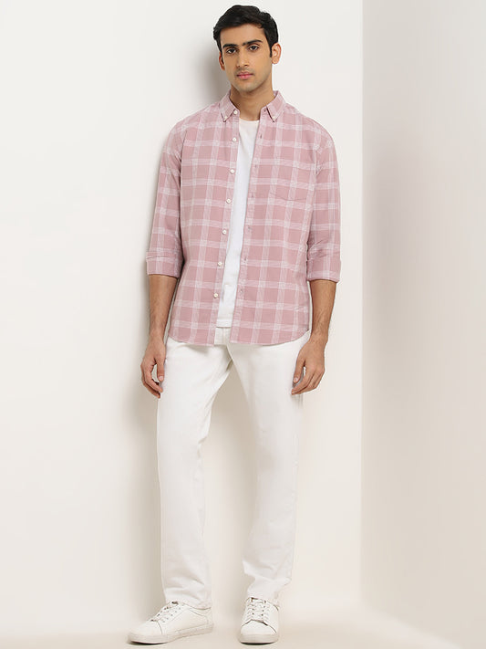 WES Casuals Pink Checkered Design Slim-Fit Cotton Shirt