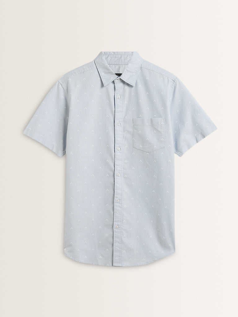 WES Casuals Light Blue Printed Relaxed-Fit Cotton Shirt