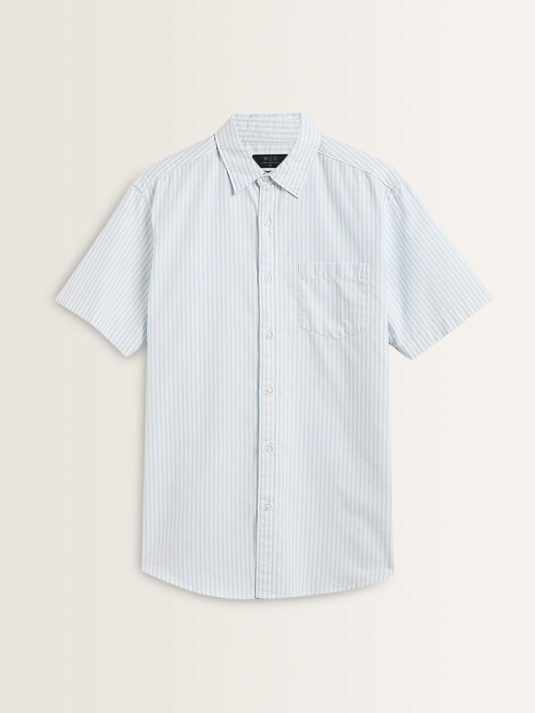 WES Casuals Blue Stripe Print Relaxed-Fit Cotton Shirt