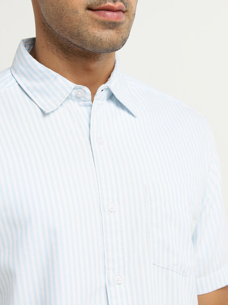 WES Casuals Blue Stripe Print Relaxed-Fit Cotton Shirt