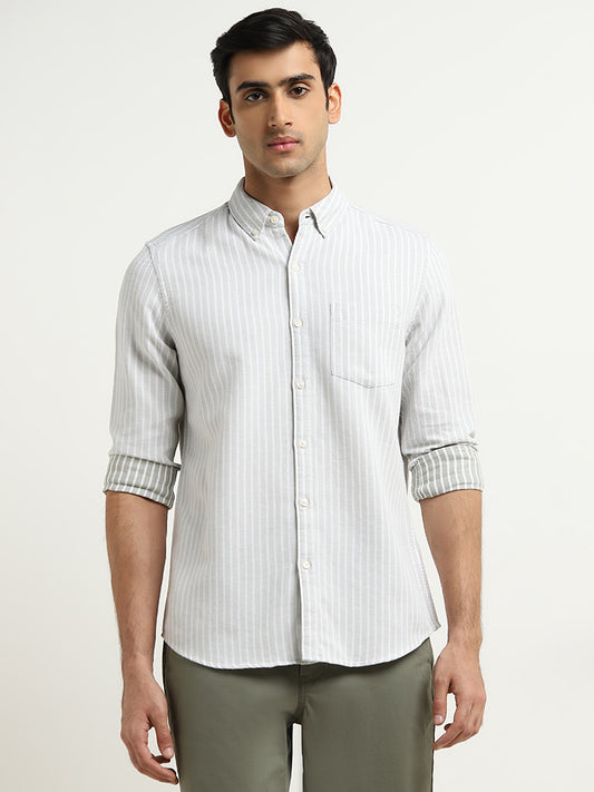 WES Casuals Sage Striped Design Slim-Fit Cotton Shirt