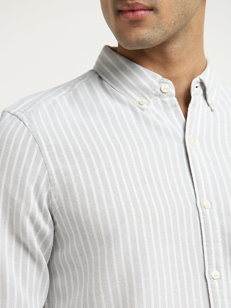 WES Casuals Sage Striped Design Slim-Fit Cotton Shirt