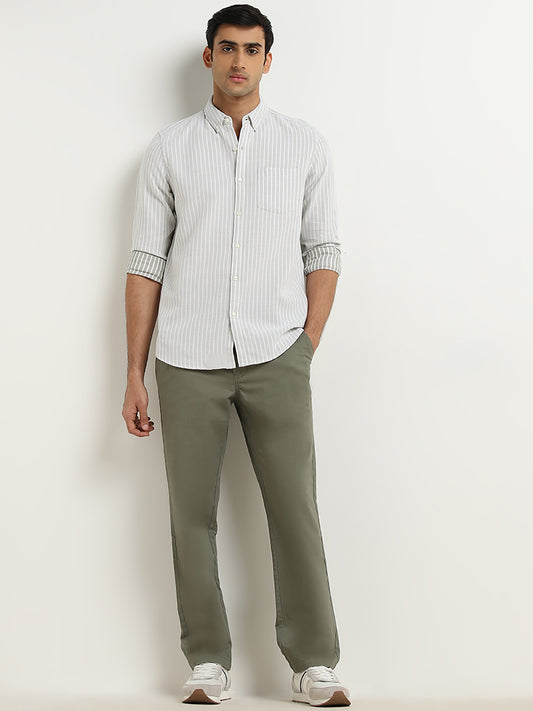 WES Casuals Sage Striped Design Slim-Fit Cotton Shirt