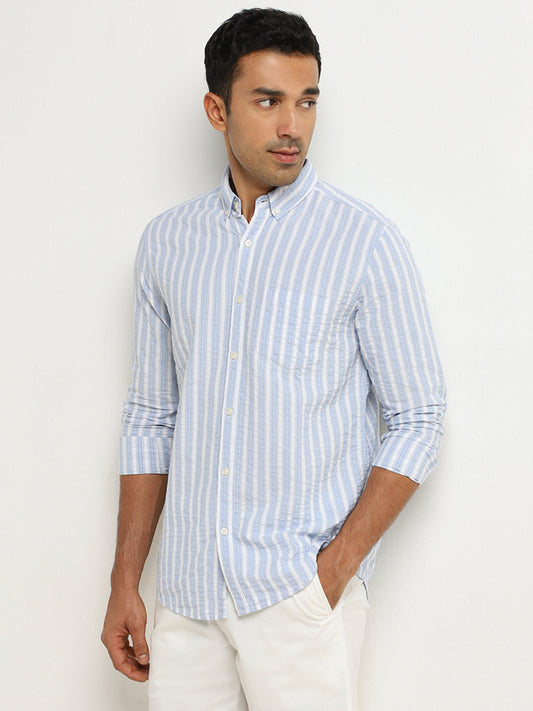 WES Casuals Blue Striped Seersucker Slim-Fit Cotton Shirt