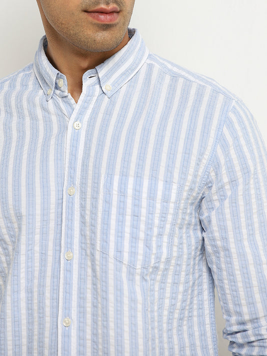 WES Casuals Blue Striped Seersucker Slim-Fit Cotton Shirt