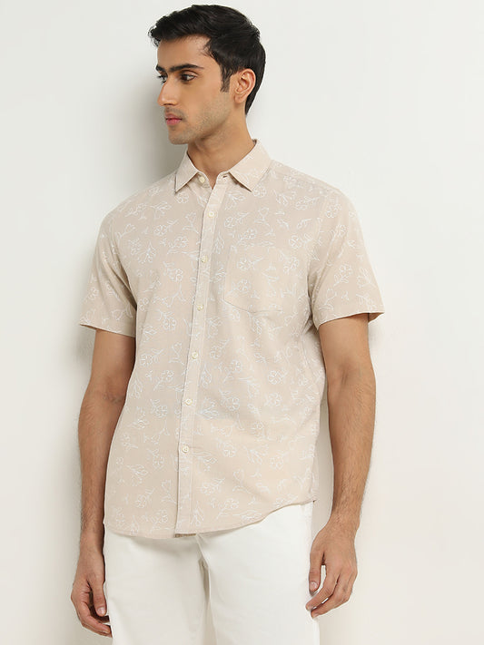 WES Casuals Beige Floral Slim-Fit Blended Linen Shirt