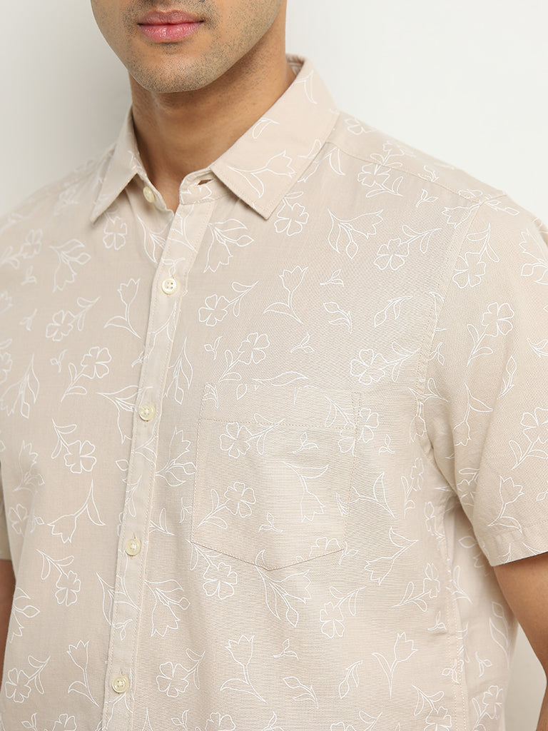 WES Casuals Beige Floral Slim-Fit Blended Linen Shirt