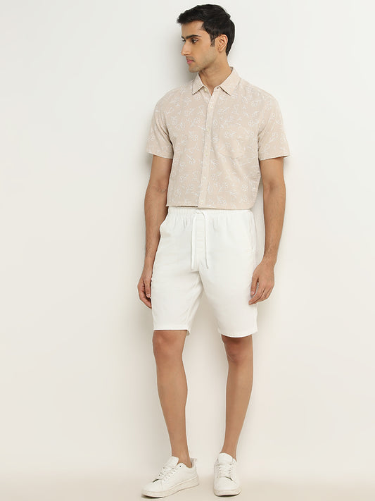 WES Casuals Beige Floral Slim-Fit Blended Linen Shirt