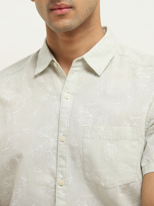 WES Casuals Sage Floral Slim-Fit Blended Linen Shirt