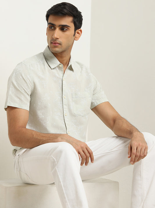 WES Casuals Sage Floral Slim-Fit Blended Linen Shirt