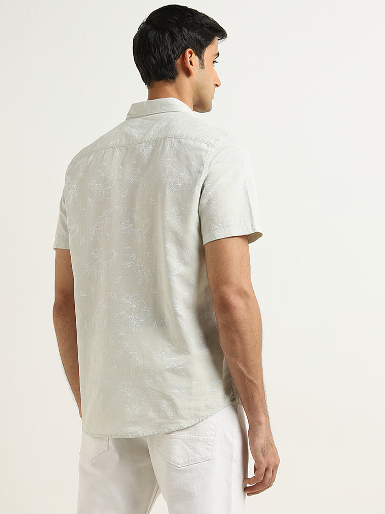 WES Casuals Sage Floral Slim-Fit Blended Linen Shirt