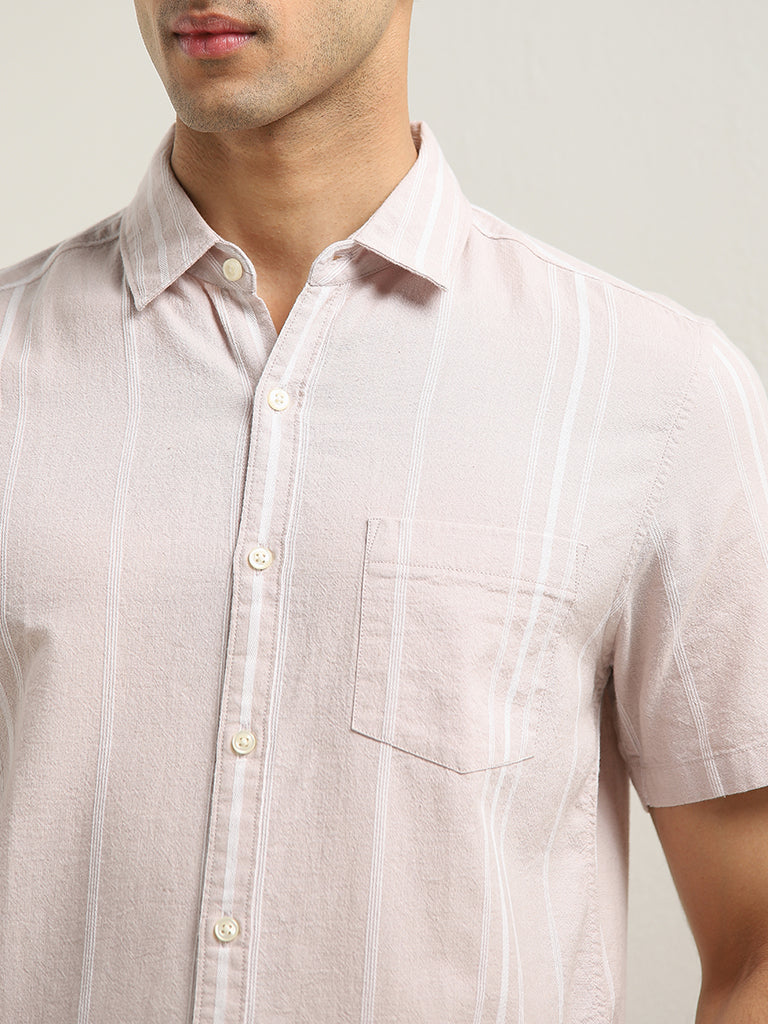 WES Casuals Pink Striped Slim-Fit Blended Linen Shirt