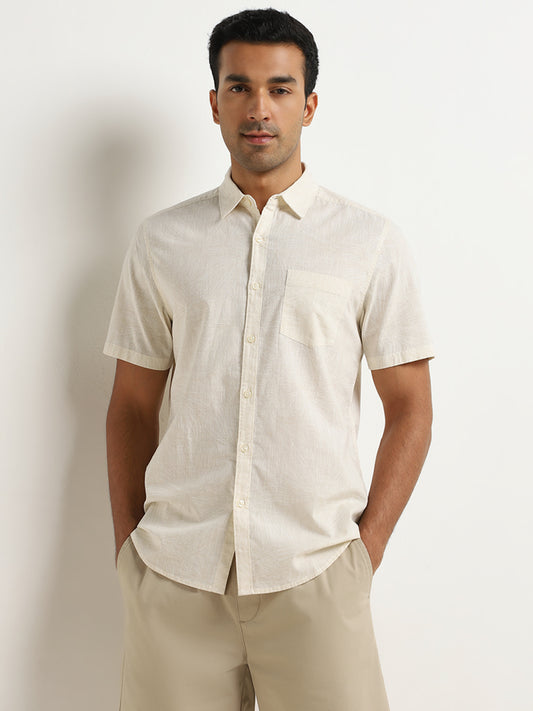 WES Casuals Beige Floral Design Slim-Fit Cotton Shirt