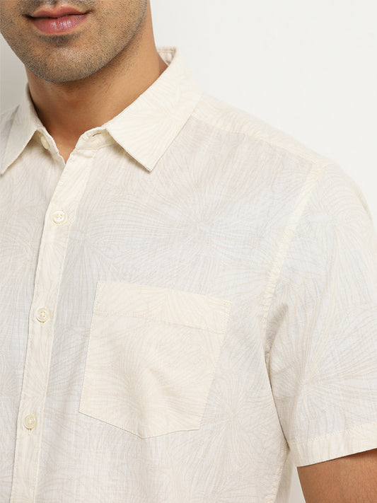 WES Casuals Beige Floral Design Slim-Fit Cotton Shirt