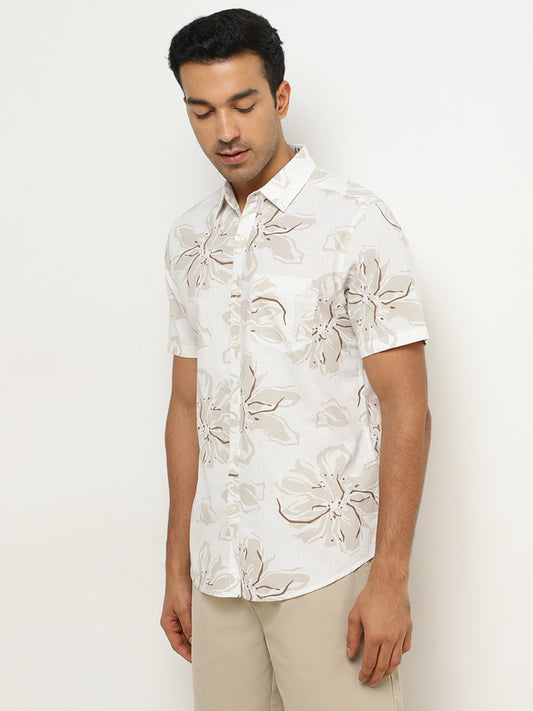 WES Casuals Beige Floral Print Slim-Fit Cotton Shirt
