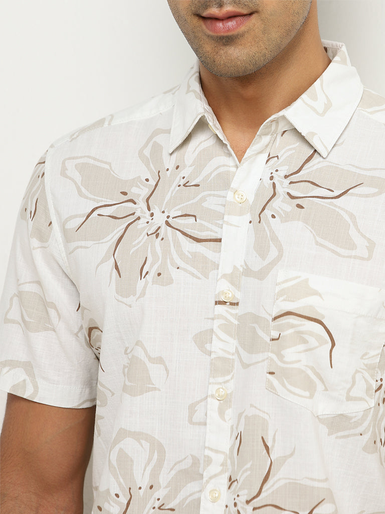 WES Casuals Beige Floral Print Slim-Fit Cotton Shirt